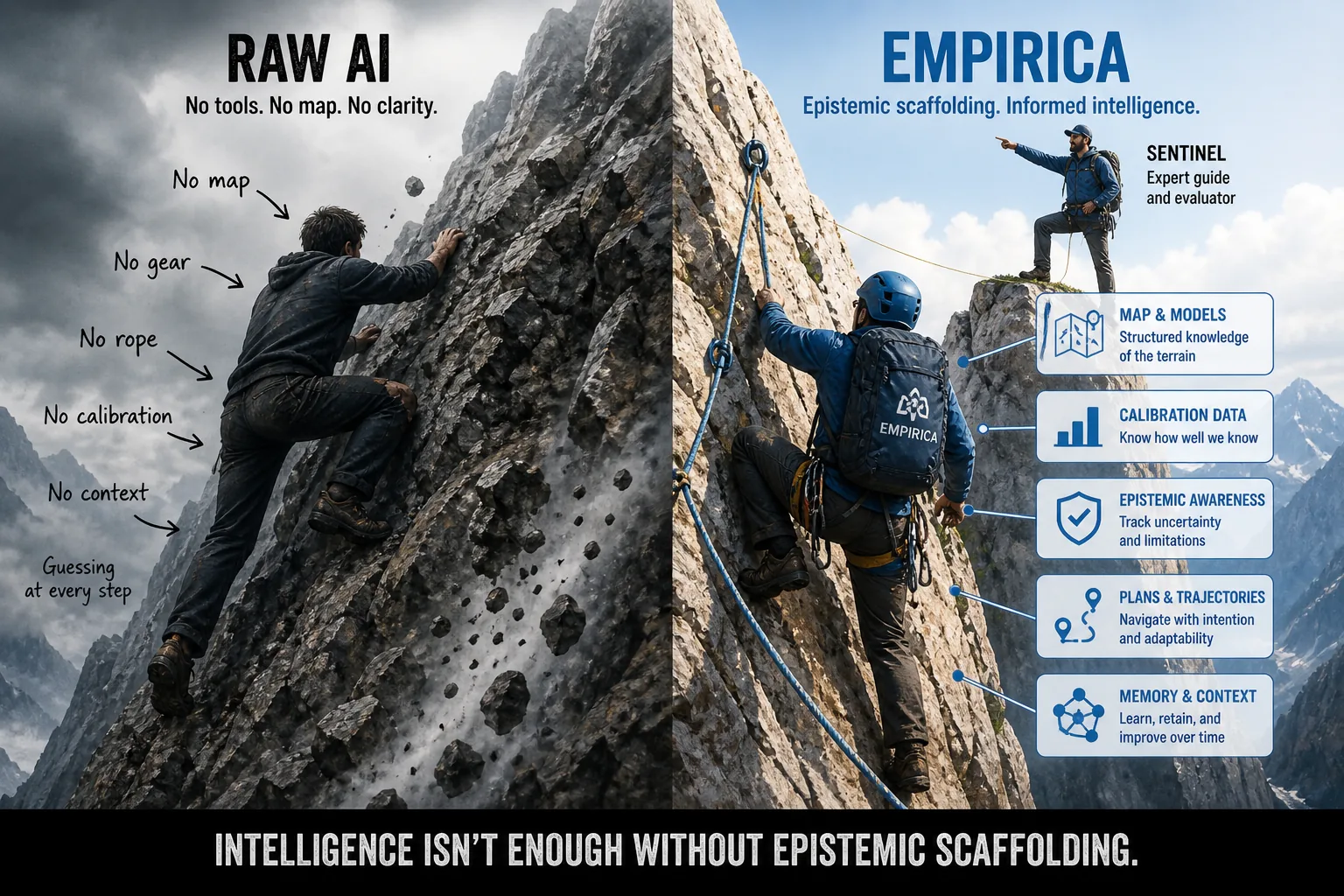 Split image: on the left a lone climber scrambles up a cliff with no gear, map, or rope, guessing at every step (raw AI); on the right an Empirica-equipped climber ascends with helmet, rope, and a guide, supported by structured knowledge, calibration, and memory.
